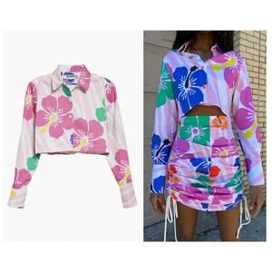 SAMMY B Tati Pink Floral Print Crop Cotton Button-Up Shirt